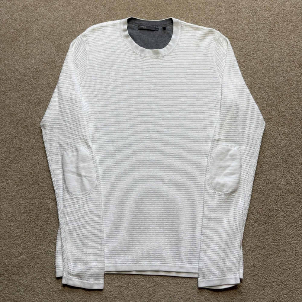 Vince Thermal Shirt Mens Large White Waffle Knit Crewneck Elbow Patch Pullover